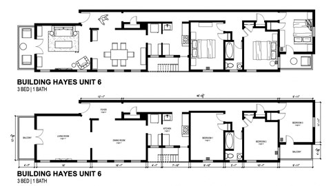 A floor plan of Building Hayes Unit 6, showing a 3 bedroom layout with 1 bathroom.